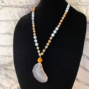 Blue and Brown Agate Angelite Mala Bead Necklace Boho Aesthetic